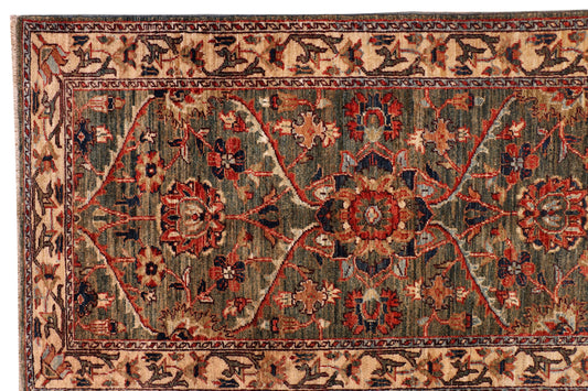 FARAHAN ZIEGLER GREEN/RUST HANDMADE RUNNER WOOL AREA RUG