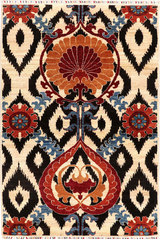 IKAT CLASSIC HANDMADE WOOL AREA RUG   4’ X 6’